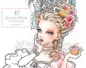 Timbre numérique - Marie Antoinette - Big Hair Rococo Beauty with Cupcake - Fantasy Line Art for Cards & Crafts par Mitzi Sato-Wiuff