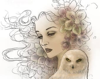 Digital Stamp - Winter Lullaby - Woman with Hellebore Flowers and Snowy Owl - Fantasy Line Art for Cards & Crafts by Mitzi Sato-Wiuff