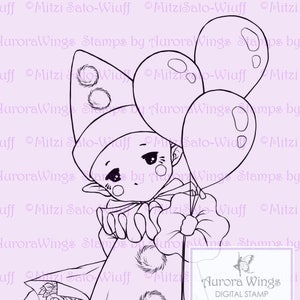 Happy Pierrot Sprite Aurora Wings Digital Stamp JPG and PNG Cute Clown with Balloons Line Art for Arts and Crafts by Mitzi Sato-Wiuff image 3