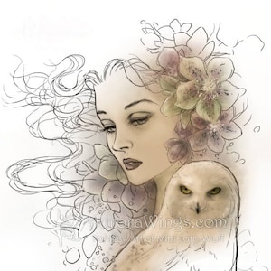 May include: A digital art print featuring a woman with flowers in her hair and a snowy owl. The artwork is in soft colors with delicate linework. The owl has yellow eyes and is perched on the woman's shoulder. The image includes the text "Aurora Wings DIGITAL STAMP".