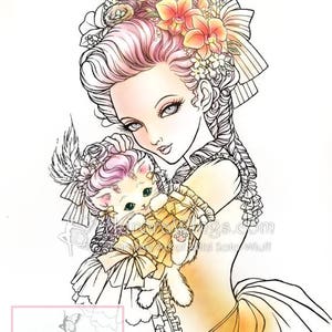 Digital Stamp Marie Nyantoinette Marie Antoinette Holding a Cat in a Wig Fantasy Line Art for Cards & Crafts by Mitzi Sato-Wiuff image 1