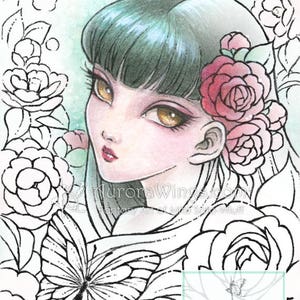 Digital Stamp Camellia Spirit Instant Download Big Eye Fairy with Camellia Fantasy Line Art for Cards & Crafts by Mitzi Sato-Wiuff image 1