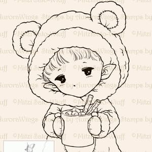 Hot Cocoa Sprite Aurora Wings Digital Stamp Christmas Holiday Fairy Image Fantasy Line Art for Arts and Crafts by Mitzi Sato-Wiuff image 2