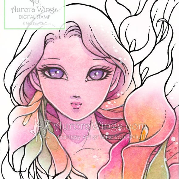 Digital Stamp - Calla Lily Sprite (Big Eye) - Fairy with Calla Lilies - Fantasy Line Art for Hand Made Cards & Coloring by Aurora Wings