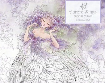 Wisteria - Full Version Coloring Page - Fantasy Art of Mitzi Sato-Wiuff - Aurora Wings - Instant Download - Flower Fairy Ballerina