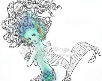 Digital Stamp - Mermaid - digistamp - Blingy Mermaid Trying on High Heel Shoe  - Fantasy Line Art for Cards & Crafts by Mitzi Sato-Wiuff