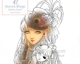 Digital Stamp - Instant Download - Steampunk Girl w/ Doll - digistamp - Fantasy Line Art for Cards & Crafts by Mitzi Sato-Wiuff