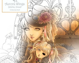 Instant Download - Digital Stamp - Steampunk Girl w/ a Doll Full Ver. - digistamp - Fantasy Line Art for Cards & Crafts by Mitzi Sato-Wiuff