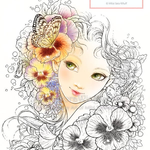 Digital Stamp - Pansy - Girl with Pansy, Lobelia, and Butterfly - Instant Download - Floral Fantasy Line Art for Cards & Crafts