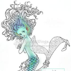 Digital Stamp Mermaid digistamp Blingy Mermaid Trying on High Heel Shoe Fantasy Line Art for Cards & Crafts by Mitzi Sato-Wiuff image 1