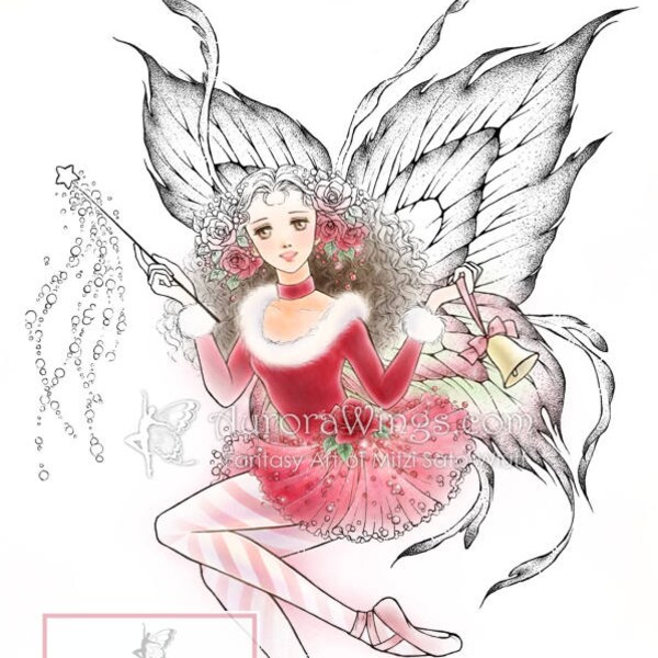 Digital Stamp Download - Christmas Fairy w/ Bell, Roses, Pointe Shoes - Fantasy Line Art for Cards & Crafts by Mitzi Sato-Wiuff