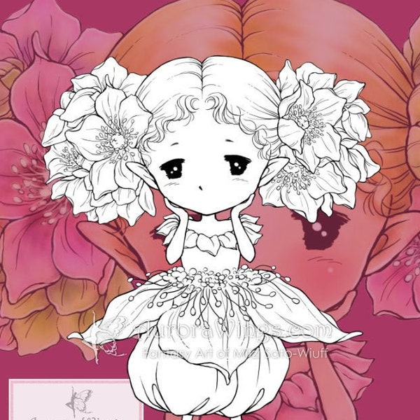 Digital Stamp PNG JPG - Christmas Rose Sprite - Hellebore Elf Fairy - Adult Coloring Page - Fantasy Art of Mitzi Sato-Wiuff - Aurora Wings