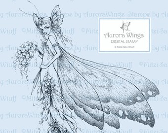 Digital Stamp - Aurora Wings Fantasy Art Line Image - Lady Butterfly 2 - Instant Download for Arts and Crafts - Detailed Adult Coloring Page