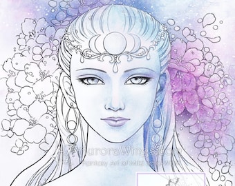 Digital Stamp - Moon Goddess - digistamp - Elegant Divine Feminine with Flowers - Fantasy Line Art for Cards & Crafts by Mitzi Sato-Wiuff