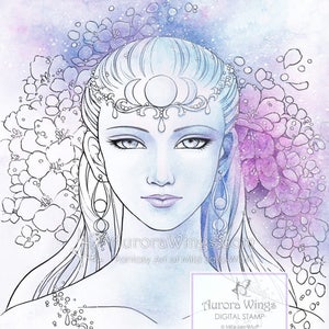 Digital Stamp Moon Goddess digistamp Elegant Divine Feminine with Flowers Fantasy Line Art for Cards & Crafts by Mitzi Sato-Wiuff image 1