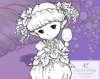 Digital Stamp JPG PNG - Wine Sprite - AuroraWings Digital Stamp - Grape Fairy Holding a Glass - Line Image for Coloring by Mitzi Sato-Wiuff