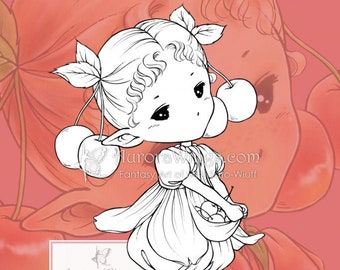 Digital Stamp JPG PNG - Cherry Sprite - Whimsical Fruit Fairy Image - Fantasy Line Art for Coloring by Mitzi Sato-Wiuff at Aurora Wings