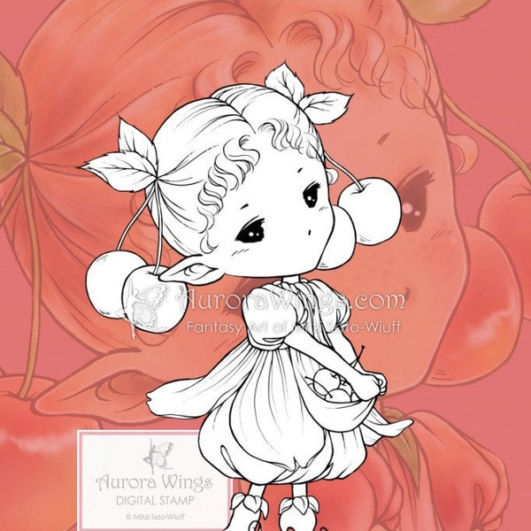 Digital Stamp JPG PNG - Cherry Sprite - Whimsical Fruit Fairy Image - Fantasy Line Art for Coloring by Mitzi Sato-Wiuff at Aurora Wings