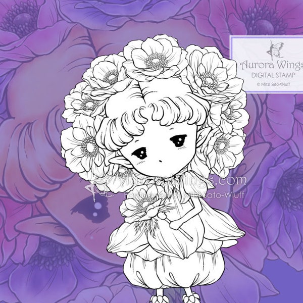 Anemone Sprite JPG PNG - Aurora Wings Digital Stamp - Little Anemone Flower Fairy - Fantasy Line Art for Arts and Crafts by Mitzi Sato-Wiuff