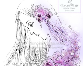 Sello digital - Orquídeas bajo la lluvia - Mujer de perfil con flores - Arte de línea de fantasía para tarjetas y manualidades por Mitzi Sato-Wiuff