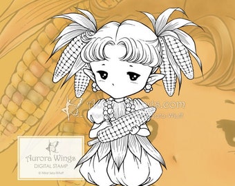PNG JPG Indian Corn Sprite - Whimsical Flint Corn Elf Fairy - Digital Stamp - Coloring Page - Fantasy Art of Mitzi Sato-Wiuff - Aurora Wings