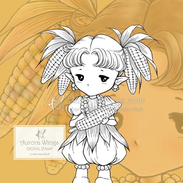 PNG JPG Indian Corn Sprite - Whimsical Flint Corn Elf Fairy - Digital Stamp - Coloring Page - Fantasy Art of Mitzi Sato-Wiuff - Aurora Wings