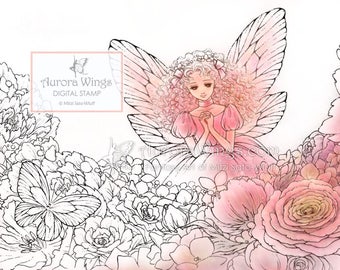 Digital Stamp - Believe in Tomorrow - digistamp - Fairy Praying in a Rose Garden - Fantasy Line Art for Cards & Crafts by Mitzi Sato-Wiuff