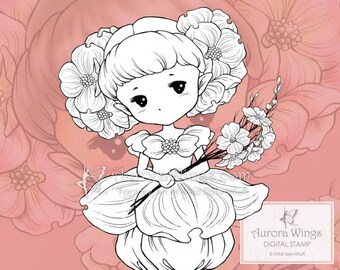 Dogwood Sprite PNG and JPG - Spring Flower Elf with Blooms - Digital Stamp - Coloring Page - Fantasy Art of Mitzi Sato-Wiuff - Aurora Wings