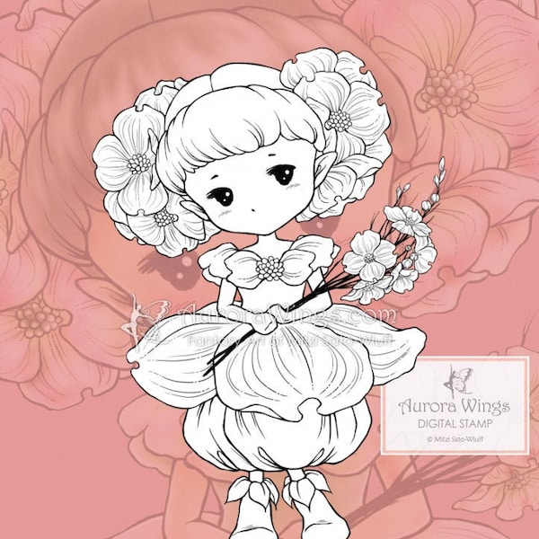 Dogwood Sprite PNG and JPG - Spring Flower Elf with Blooms - Digital Stamp - Coloring Page - Fantasy Art of Mitzi Sato-Wiuff - Aurora Wings