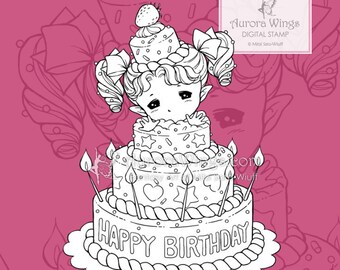 Birthday Cake Sprite - PNG JPG Digital Stamp - Coloring Page - Cute Birthday Image for Cards and Crafts by Mitzi Sato-Wiuff - Aurora Wings