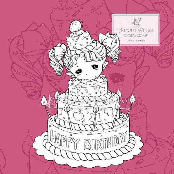 Birthday Cake Sprite - PNG JPG Digital Stamp - Coloring Page - Cute Birthday Image for Cards and Crafts by Mitzi Sato-Wiuff - Aurora Wings