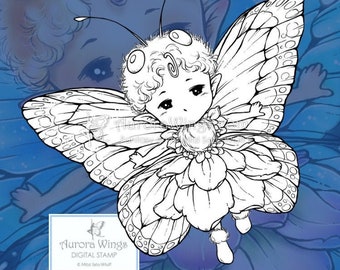 Digital Stamp PNG JPG - Butterfly Sprite with Fancy Wings - Whimsical Bug Fairy - Fantasy Line Art for Coloring & Crafts by Mitzi Sato-Wiuff