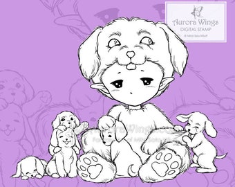 Digital Stamp PNG and JPG - Cute Animal Coloring Page - Puppy Sprite - Dogs and Puppies Line Image for Coloring by All Ages - Aurora Wings