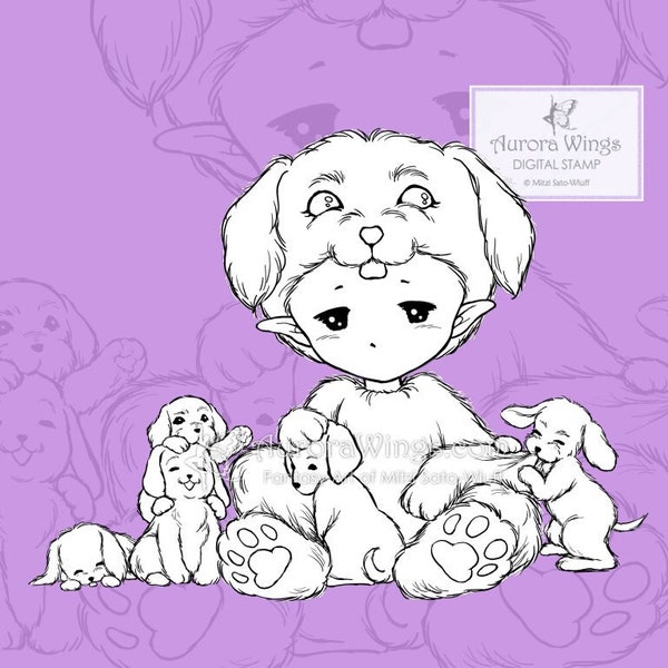 Digital Stamp PNG and JPG - Cute Animal Coloring Page - Puppy Sprite - Dogs and Puppies Line Image for Coloring by All Ages - Aurora Wings