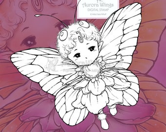 Digital Stamp PNG JPG - Butterfly Sprite with Simple Wings - Whimsical Insect Fairy - Cute Line Art for Cards & Crafts by Mitzi Sato-Wiuff