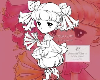 PNG and JPG Trumpet Honeysuckle Sprite - AuroraWings Digital Stamp - Cute Flower Fairy - Fantasy Line Art for Coloring by Mitzi Sato-Wiuff