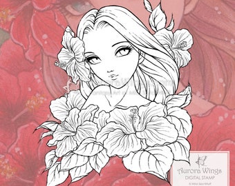 Digital Stamp - Instant Download PNG and JPG - Spirit of Hibiscus - Coloring Page - Fantasy Line Art for Cards & Crafts by Mitzi Sato-Wiuff