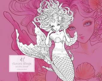 Mermaid Digi - Marisol - Digital Stamp - Gorgeous Mermaid Line Image JPG PNG to Color - Fantasy Art for Arts and Crafts by Mitzi Sato-Wiuff