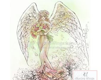 Adult Coloring Page - Line Art Digital Stamp - Angel of Remembrance 2 - Beautiful Spiritual Fantasy Art by Aurora Wings - Instant Download