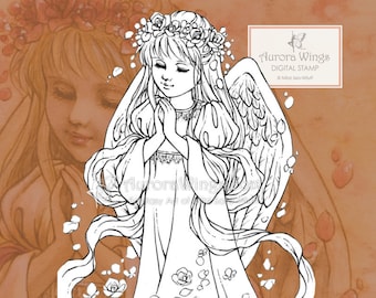 JPG PNG Digital Stamp - Instant Download - Rose Angel - digistamp - Young Angel with Roses - Line Art for Cards & Crafts by Mitzi Sato-Wiuff