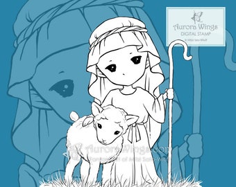 Digital Stamp JPG and PNG - Little Shepherd - Adorable Christmas Digi - Whimsical Holiday Line Art for Cards & Crafts by Mitzi Sato-Wiuff