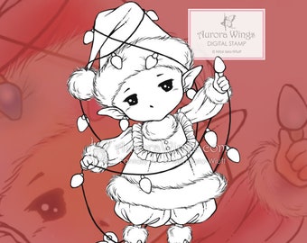 JPG and PNG Digital Stamp - Christmas Lights Sprite - Whimsical Holiday Child Fairy Image - Fantasy Line Art for Cards Crafts and Coloring