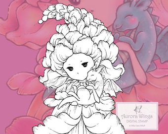 PNG Digital Stamp - Snapdragon Sprite with Baby Dragon - Digi Instant Download - Fantasy Line Art for Cards & Crafts by Mitzi Sato-Wiuff