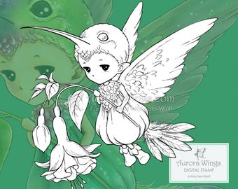 Hummingbird Sprite - Aurora Wings Digital Stamp JPG PNG - Whimsical Bird Fairy - Fantasy Line Art for Arts and Crafts by Mitzi Sato-Wiuff