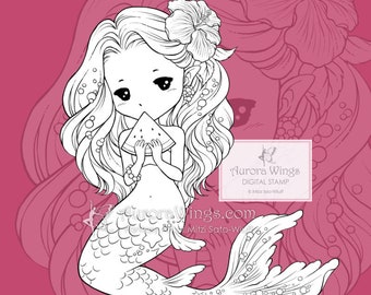 PNG JPG Summer Sprite with Watermelon - Aurora Wings Digital Stamp - Cute Mermaid - Fantasy Line Art for Arts and Crafts by Mitzi Sato-Wiuff