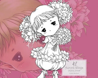 PNG JPG Phlox Sprite - Whimsical Flower Elf with a Bouquet - Digital Stamp - Coloring Page - Fantasy Art of Mitzi Sato-Wiuff - Aurora Wings
