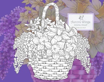 デジタルスタンプの即時ダウンロード - イースターの花のバスケット - 水仙とライラック - 春の花