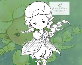 PNG JPG Digital Stamp - Lily of the Valley Sprite - Cute Flower Fairy - digistamp - Fantasy Line Art for Cards & Crafts by Mitzi Sato-Wiuff