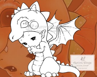 Dragon Sprite - Aurora Wings Digital Stamp - Cute Baby Dragon - JPG and PNG - Fantasy Line Art for Arts and Crafts by Mitzi Sato-Wiuff