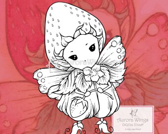 Digital Stamp JPG and PNG - Whimsical Strawberry Sprite - Instant Download - Fantasy Line Art for Cards & Crafts by Mitzi Sato-Wiuff